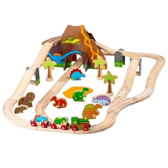 Детска дървена играчка влакче с релси динозаври Bigjigs Rail BJT035 1