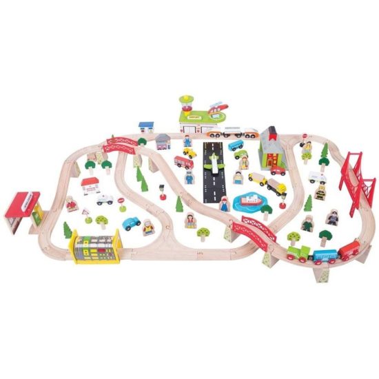 Детско дървено влакче с релси Bigjigs Rail с летище и превозни средства MTBJT018 1